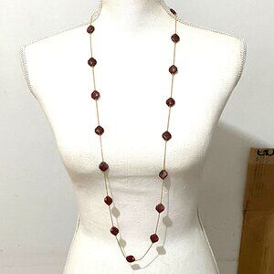 Textured Red Glass Accents Long Gold Chain Necklace 42" Boho Career Preppy
